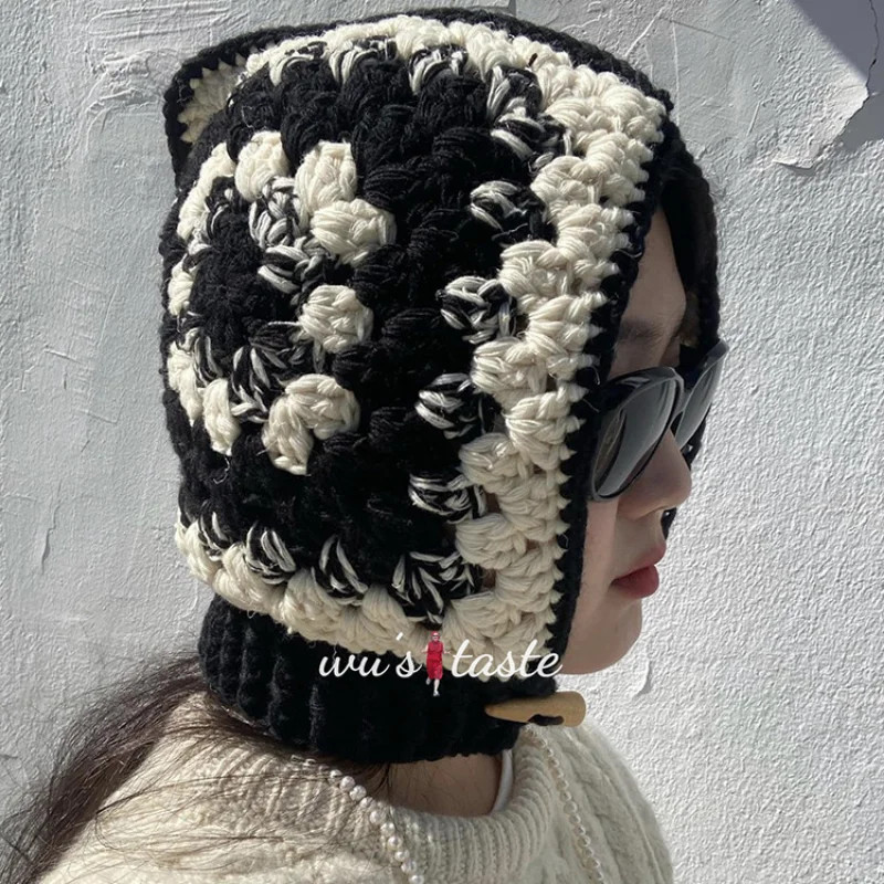 Korean Niche Hand Knitted Pocket Balaclava Hat Japanese Retro Autumn  Winter Warm Sleeve Neck French One PCS Head Cap Female