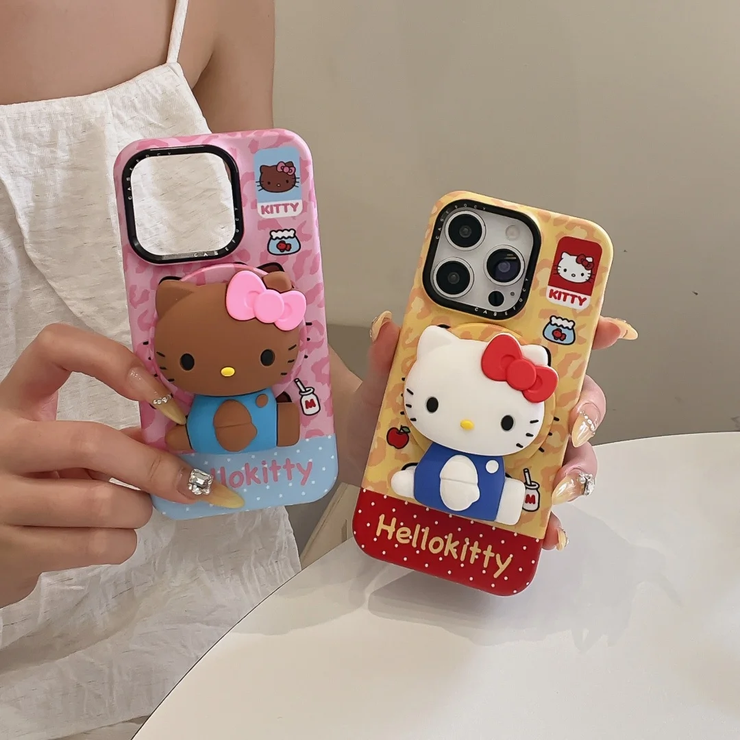

Luxury Leopard print Hello Kitty Magsafe Magnetic KT Holder Phone Case For iPhone 16 15 14 Pro Max Shockproof Protective Cover﻿