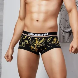 New Men's Fashion Cotton Underwear Black Low Waist Printed Male Boxer Shorts Men Sexy Intimates Slip-on Shorts Male Underwear