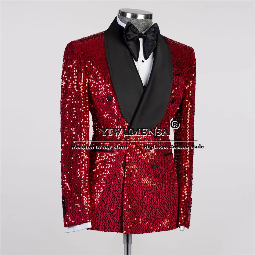 Red Smash Tuxedo Double Breasted Jacket Pants 2 Pieces Bridegroom Wedding Suits Sparkly Sequins Black Notch Lapel Prom Blazers