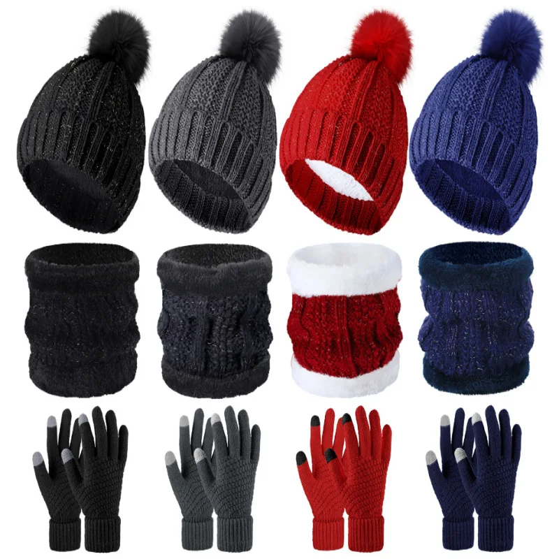 

Сплошной цвет, универсальная модная шапка с защитой от холода и толстым бархатом для езды на велосипеде, зимние теплые перчатки, набор из трех шапок