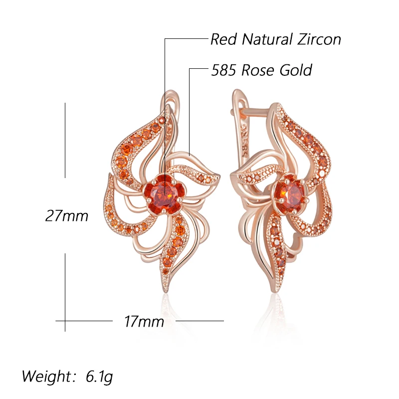 Kinel Original Design Shiny Red Natural Zircon Crystal Flower Earrings For Women Fashion 585 Rose Gold Color Daily Fine Jewelry