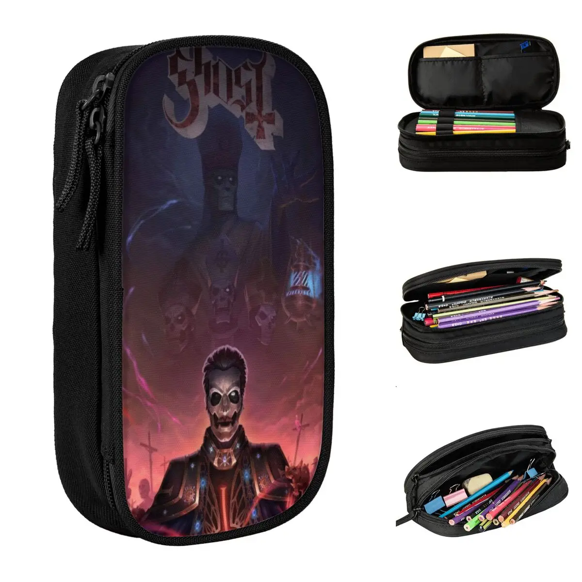 Large Capacity Pencil Case Ghost Rock Metal Band School Accessories Double Layer Pencil Bag Women Makeup Bag Suprise Gift