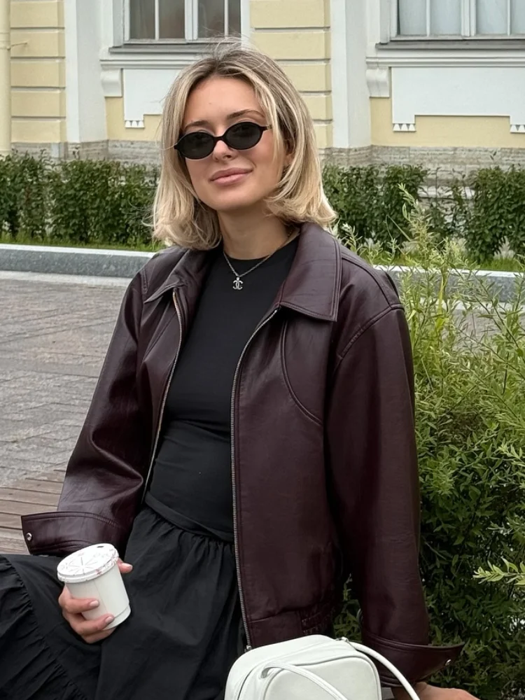 Dámská retro klopa krátký kožený kabát módní pevný zip jednoduchý dlouhý rukáv bundy dámská podzimní móda ležérní pouliční bunda - náhled 6