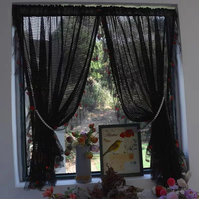 Idyllic French Black Strawberry Tulle Curtains for Living Room Rural Elegant Lace Warp Ruffled Curtains for Kitchen Bedroom A514