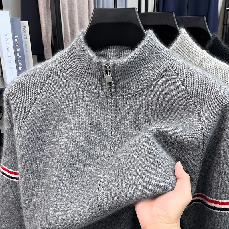 Heiß begehrtes Herren-Strickhemd für Herbst und Winter mit Reißverschluss, modischem Streifenmuster, Business-Casual, verdickt, neues Herren-Strickhemd – Detail 9