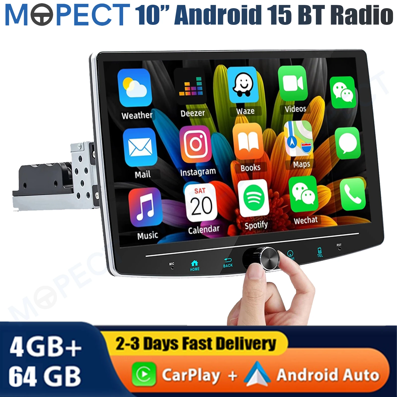 MOPECT 10.1" Single 1 Din Draaibare Carplay Android 15 Autostereo Radio MP5 Speler GPS Navigatie Draadloos Touchscreen FM BT+DAB&AHD