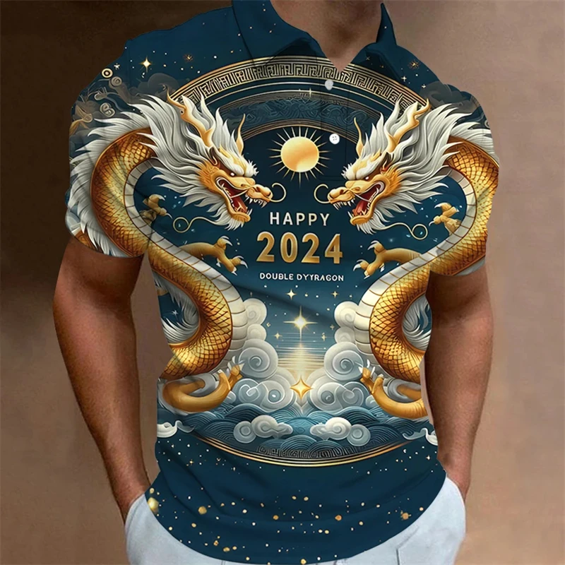 2024 Animal Polo T-Shirts For Men 3d Chinese Loong Printed Men\'s Clothing Oversized Shirts Summer Casual Short Sleeved Tops Tees