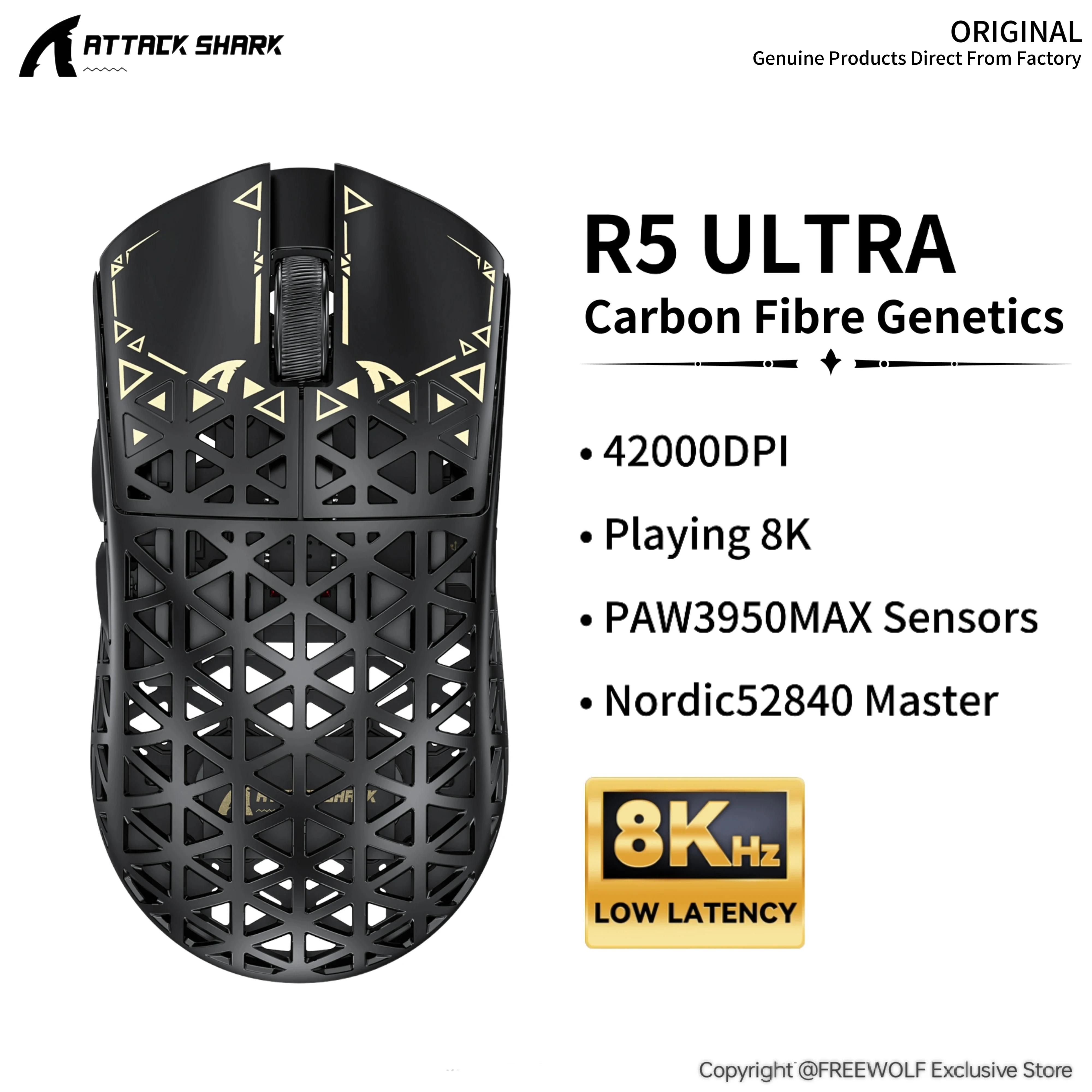 ATTACK SHARK R5 Ultra Three-mode Mouse,Carbon Fiber Composite Material Design,PAW3950MAX Chip,42000DPI,Nordic52840 Master for PC