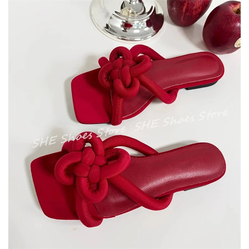 

Chinese Knot Narrow Band One-Strap Women Slippers Retro Square Toe Low Heel Slingabck Pumps Ladies Summer Outside Casual Shoes