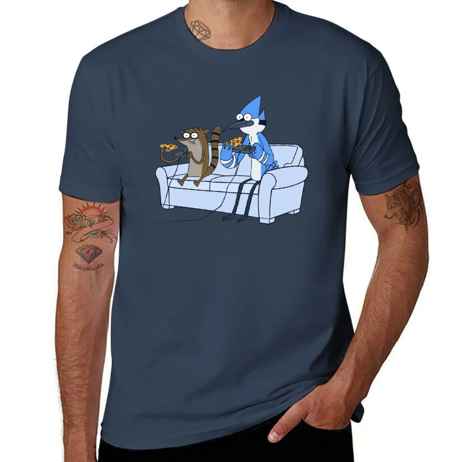 

Mordecai and Rigby Pizza and Video Games T-Shirt graphic t shirts for man mens graphic t shirts T-Shirt