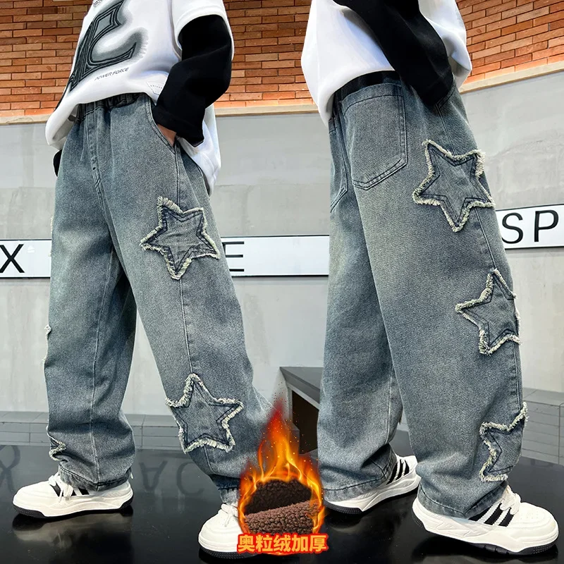 

Winter Boys Padded Pants Autumn Children Warm Jeans Kids Fashion Loose Denim Pants New Teen Casual Straight Trousers