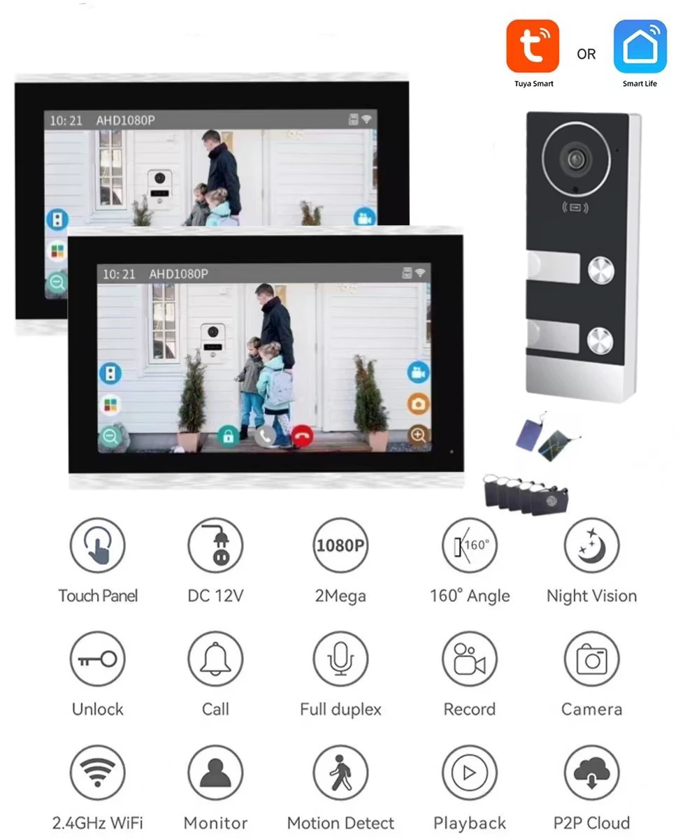 TUYA WiFi ประตูวิดีโออาคารชุดอินเตอร์คอม 2/3/4 Multi-family Doorbell 7/10 นิ้ว 1080P Touch Screen Monitor APP/การ์ดปลดล็อค