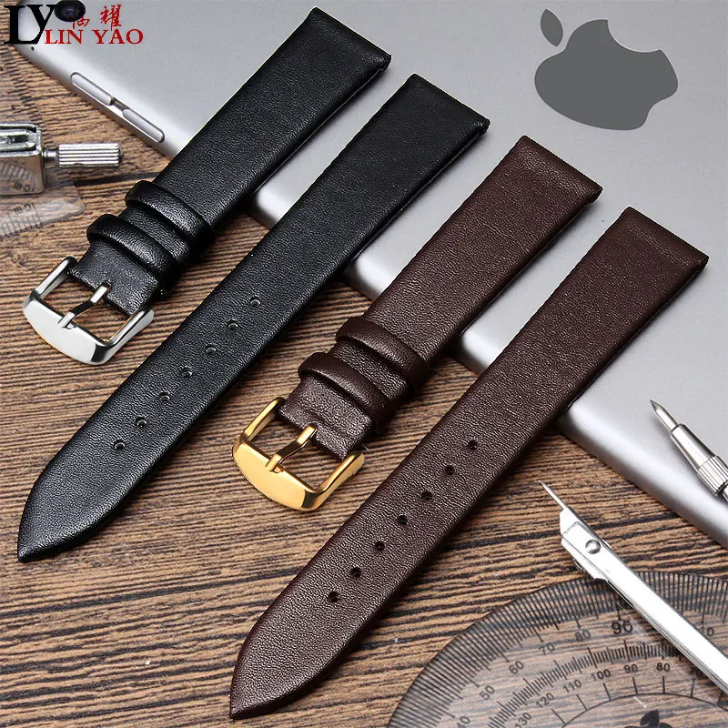 Real Leather Watch band Smooth Women\'s Watch Band 12mm 18mm 20mm Men\'s Black Brown Genuine Leather Straps Belt Metal Pin Buckle