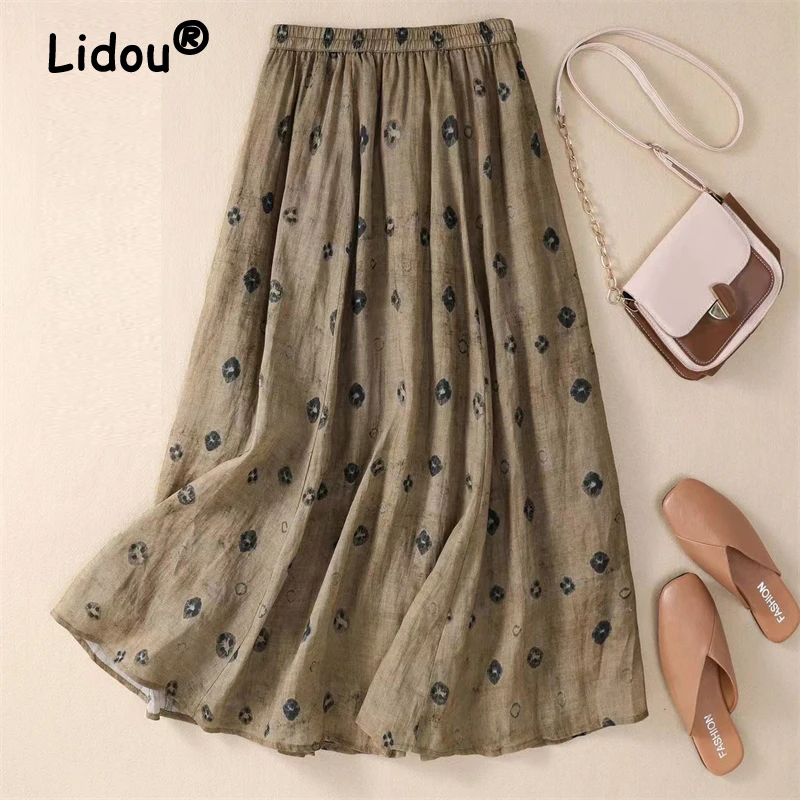 

Women's Clothing 2024 Summer Vintage Stylish Print Elastic High Waist Midi Skirts Female Casual Loose Pleated Beach Skirt Faldas