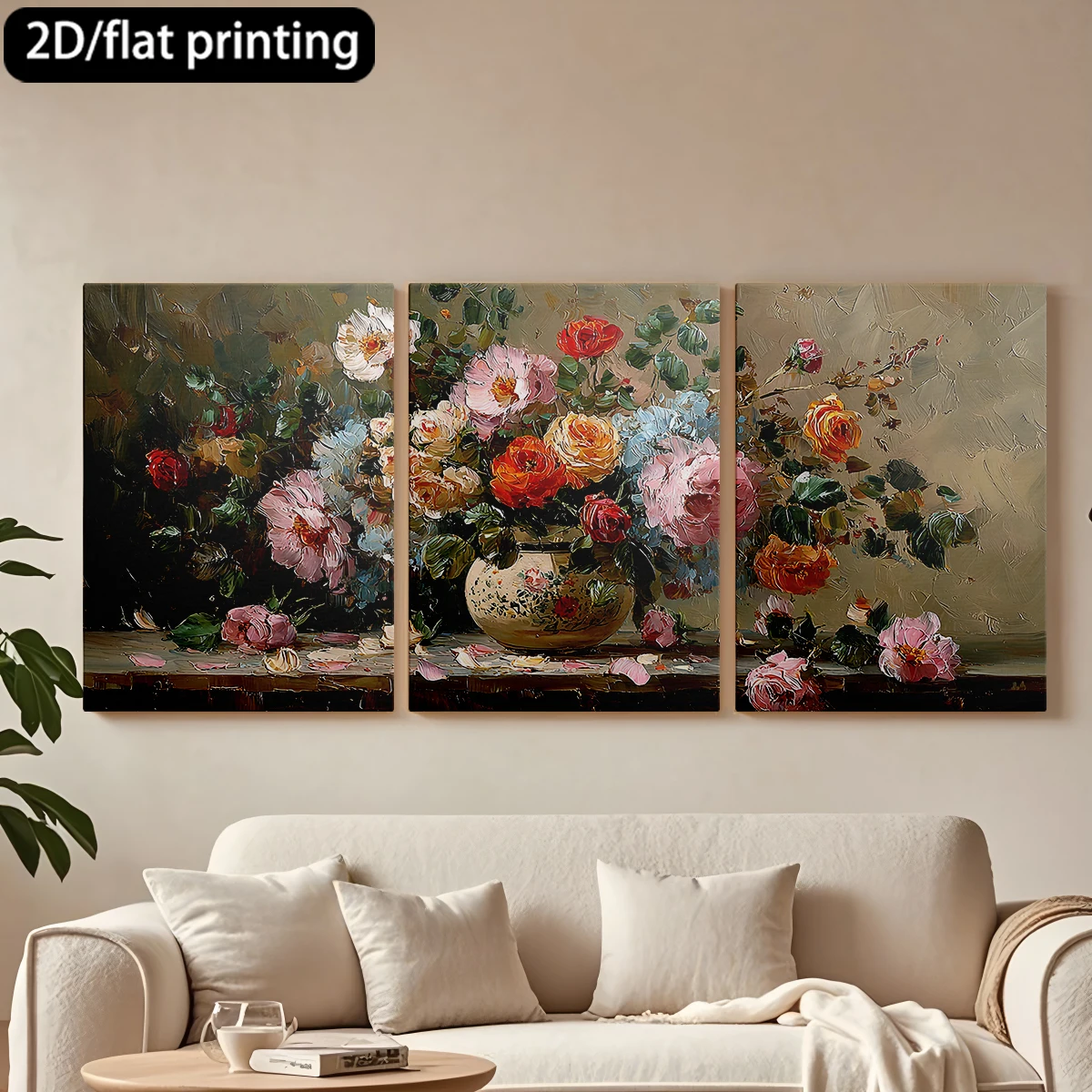 

2D плоская печать, набор из 3-х картин на холсте в деревянных рамах, декоративная живопись, цветочная композиция в изысканной вазе. Декор для коридора и спальни.