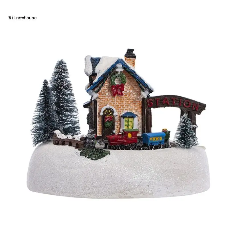 

Christmas Glowing Snow House Figurine Rotatable Music Train Sculpture for Home Bar Cafe Shop Decoration Gift Dropship