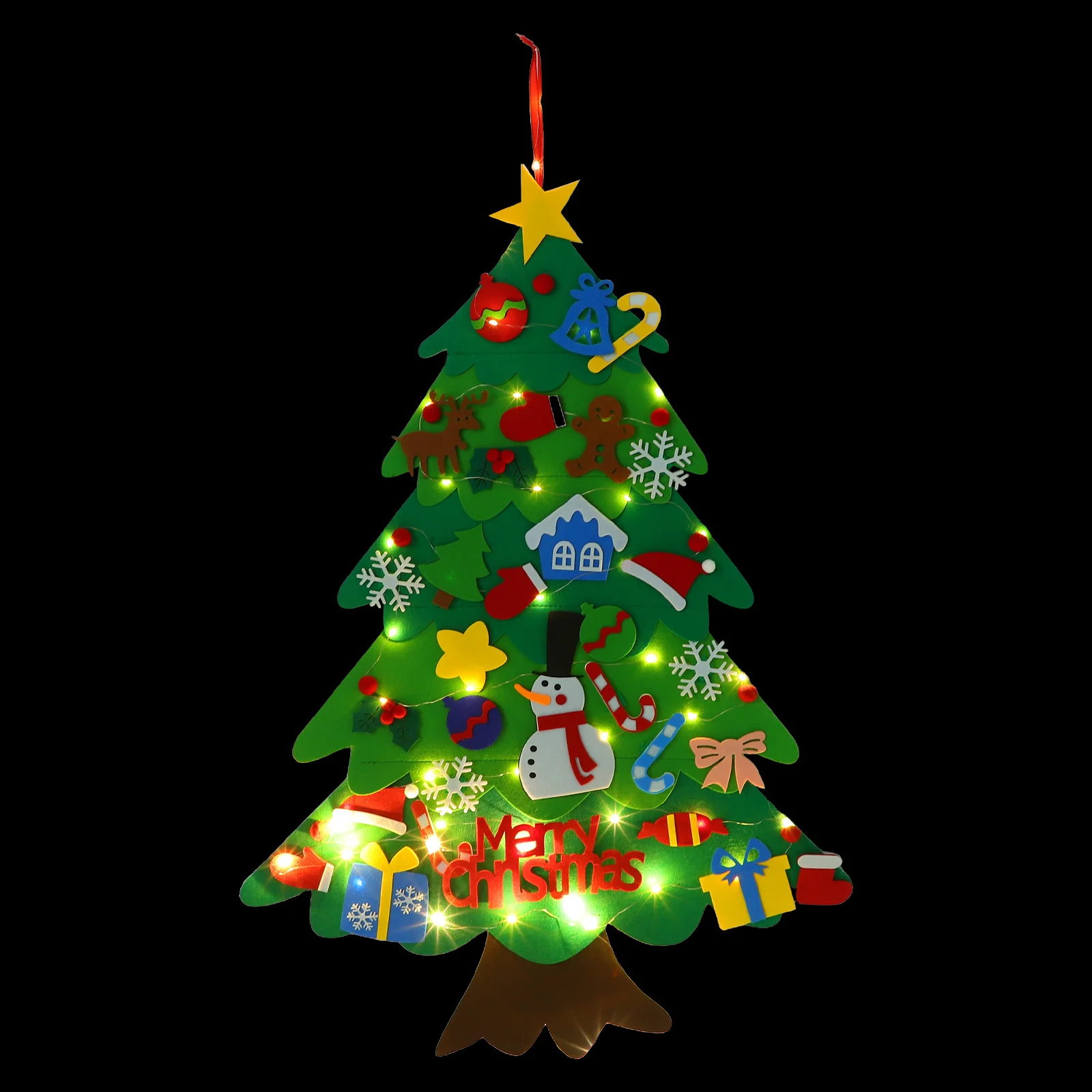 

1Set Felt Christmas Tree DIY Detachable Ornaments String Lights Wall Door Hanging Xmas Decorations for Toddlers