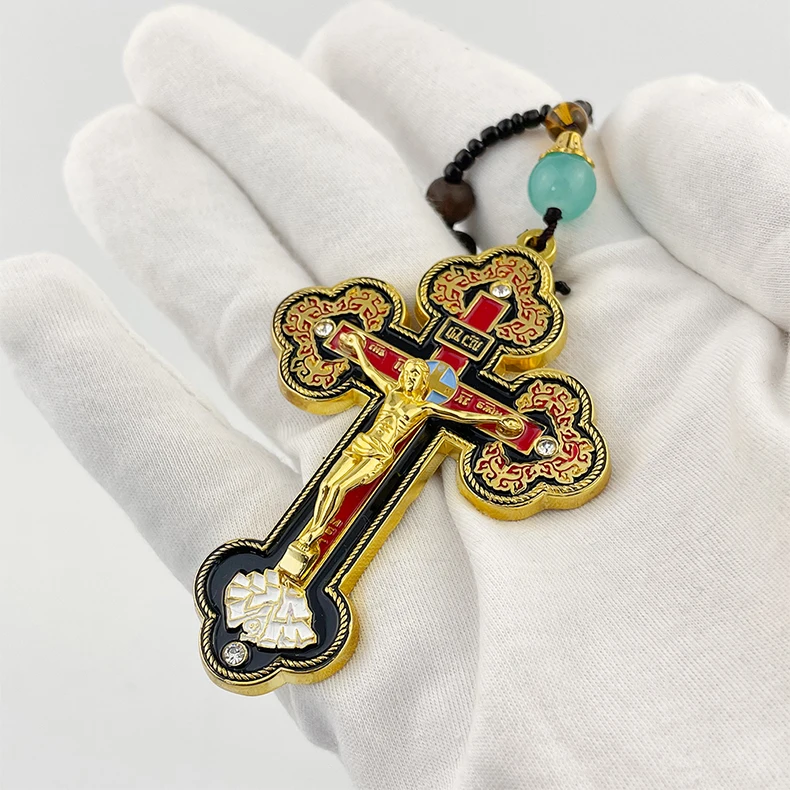 HTISOK Orthodoxes Kruzifix Goldkreuz-Halskette Holz-Rosenkranz Perlenkette Religiöser Jesus-Gebetsschmuck Religiöse Dekoration & Geschenk – Detail 5
