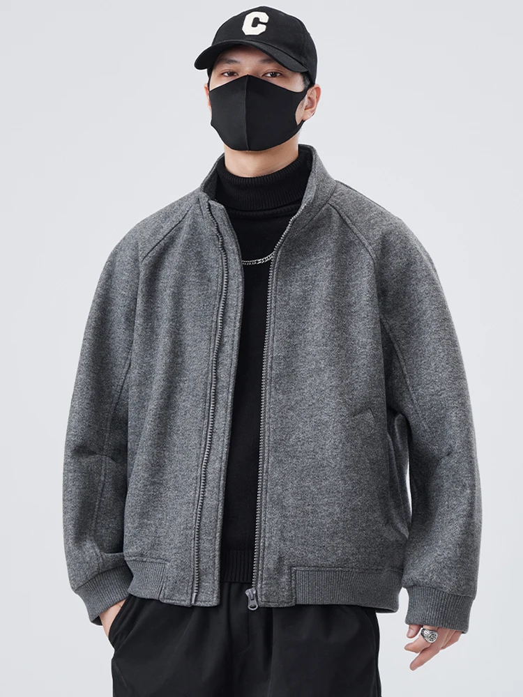 

Men's Woolen Jaet Autumn Winter ort Loose Casual Stand Collar Thiened Top Youth Pure Color Zipper Sve Long Sle