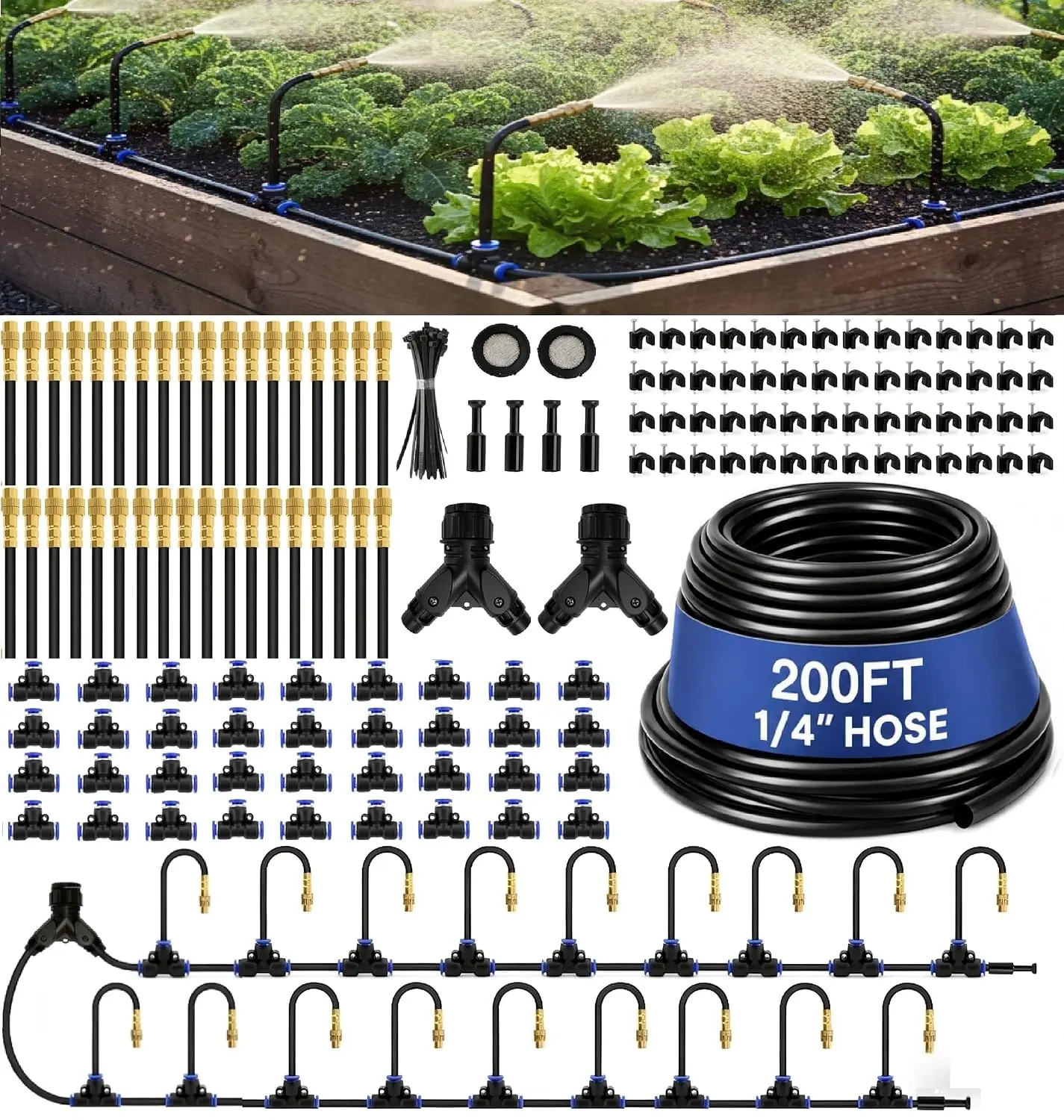 200FT Drip Irrigation System with 36 Adjustable Copper Nozzles for Garden Watering