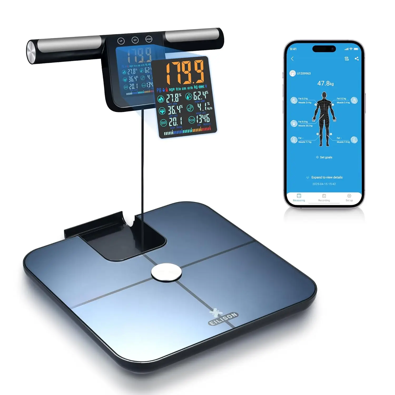 

Умные весы для веса тела: 8-электродные прецизионные цифровые весы для ванной комнаты для жира BMI 32-анализатор состава тела мышц, Highl