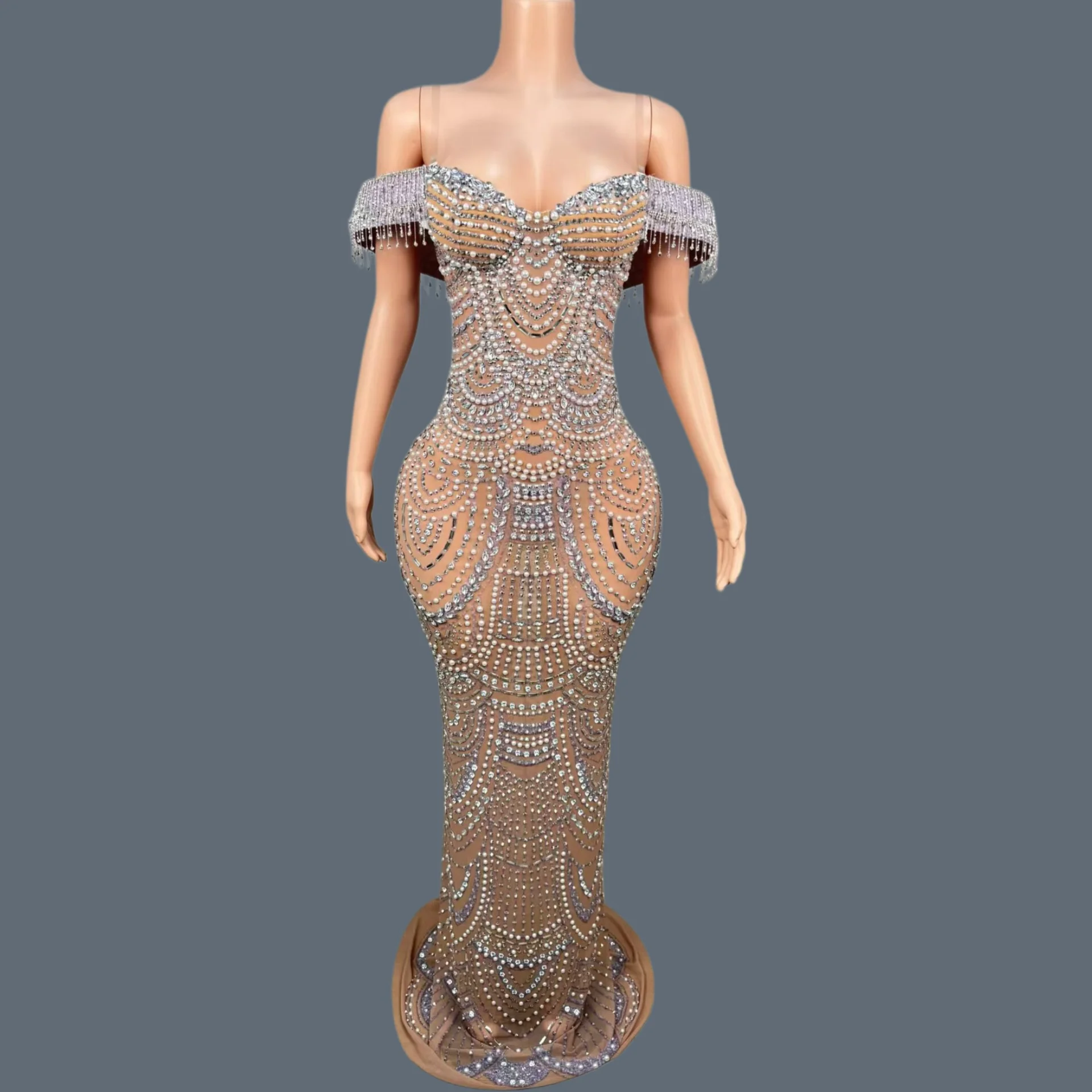 

Luxury Elegant Formal Strapless Long Dress Sparkly Crystals Pearls Evening Gown Birthday Celebrate Party Photo Shoot Wear Wuyan