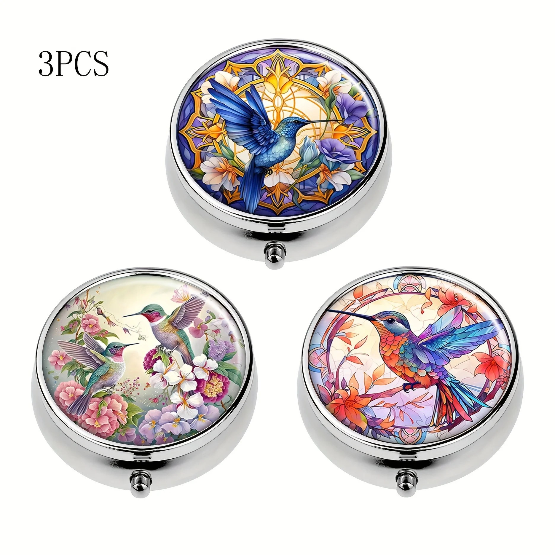 3-Piece Hummingbird Round Medicine Box,3-Frame Tablet Storage Box,Travel Pocket Wallet Medicine Box,with Elegant Floral Design