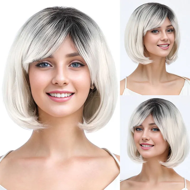 Wig for women, new style, internet celebrity, short haircut, slanted bangs, silver gradient-Synthetic fiber wig