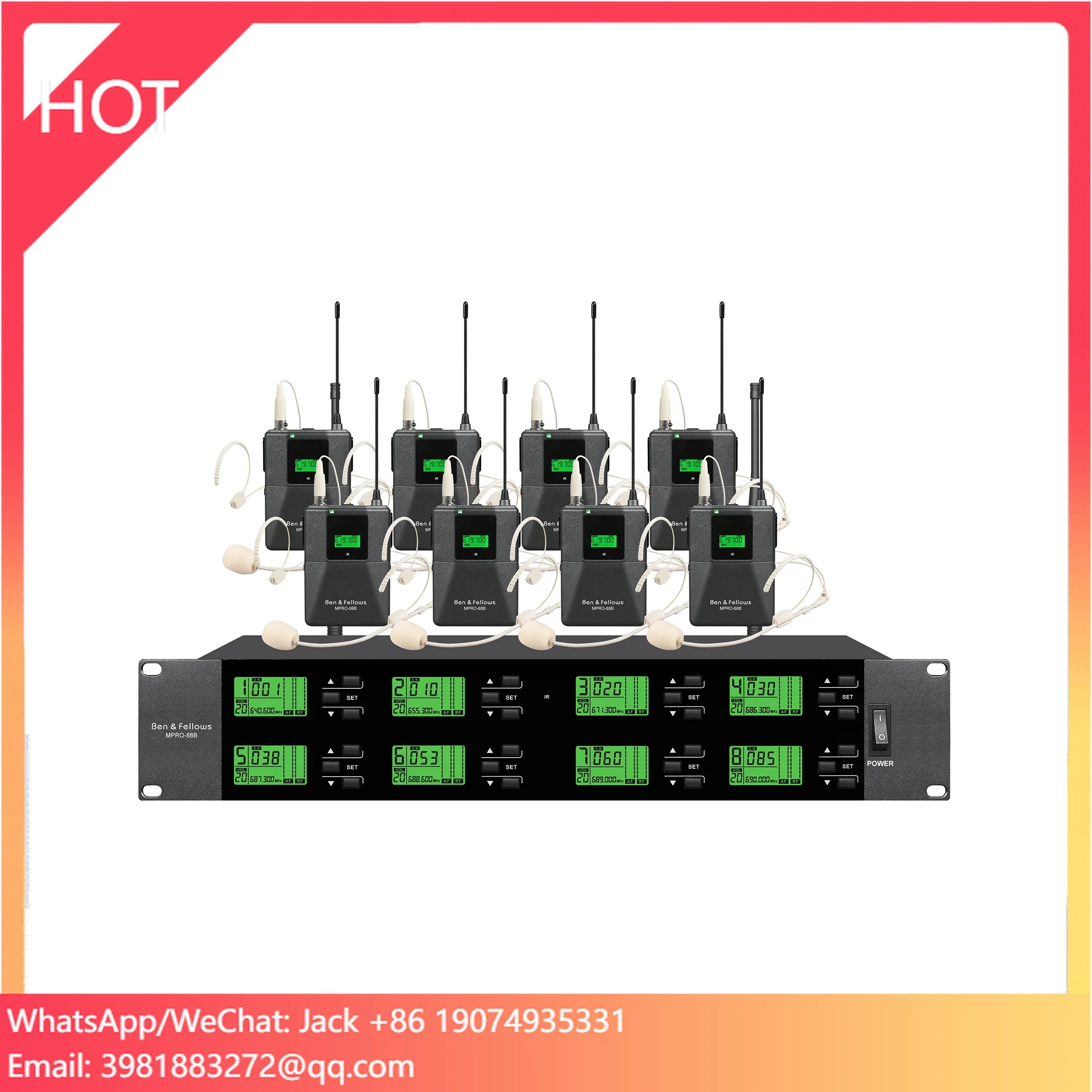 نظام ميكروفونات مع حزام لاسلكي UHF احترافي ذو 8 قنوات مع 8 ميكروفونات داخلية