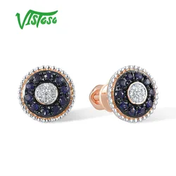 VISTOSO Genuine 14K 585 Rose Gold Screw Earrings For Women Sparkling Round Blue Sapphire Diamonds Daily Ware Trend Fine Jewelry