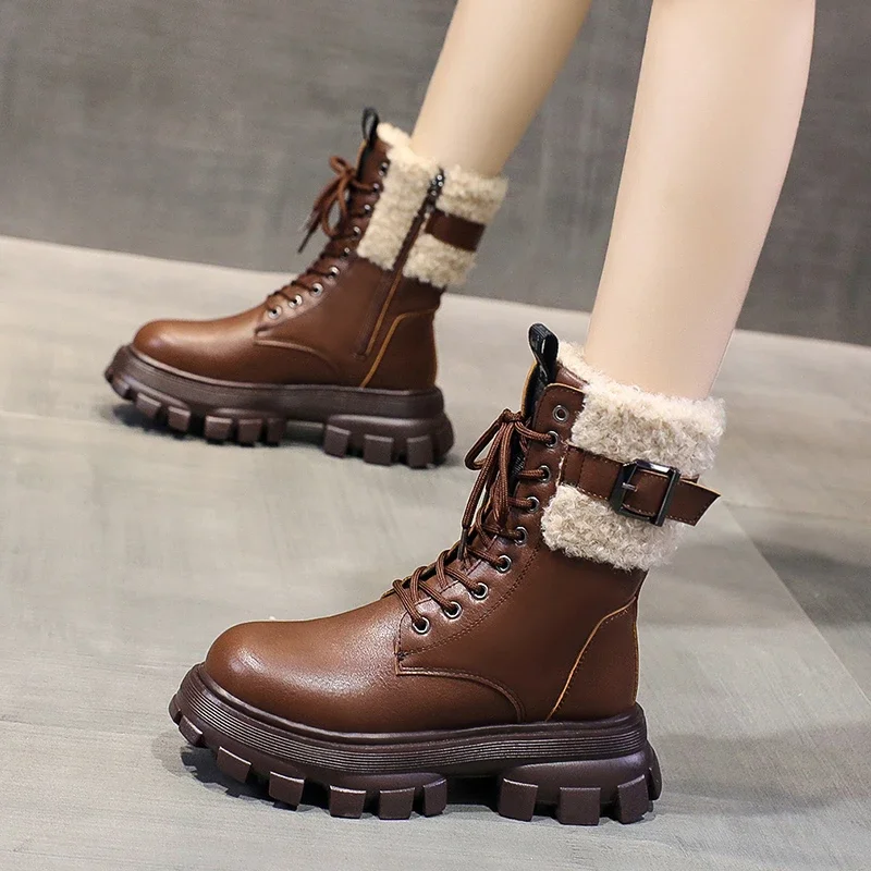 

Shoes Female 2024 Mid-Calf Women's Boots Platform Modern Boots Women Buckle Round Toe Med Heel Front Lace-up Warm Ladies Shoes