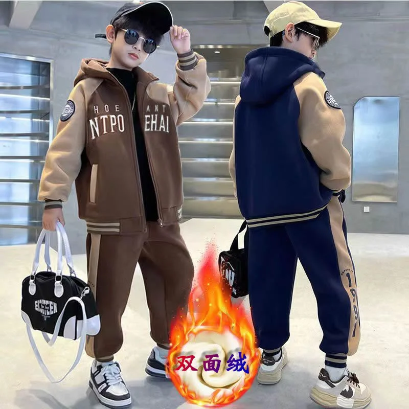 Kids Thick Sweatshirt Suits Children Winter Warm Casual Hooded Coats Sweatpants 2Pcs Boys Daily Plush Thermal Clothing Sets