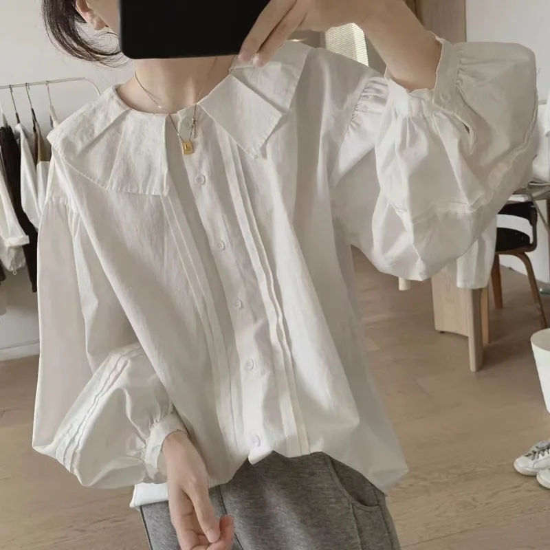 

Cute Japanese Harajuku Style White Cotton Shirt Doll Collar Lantern Sleeves Women's Loose Fit Blouse Spring Niche Preppy Basics