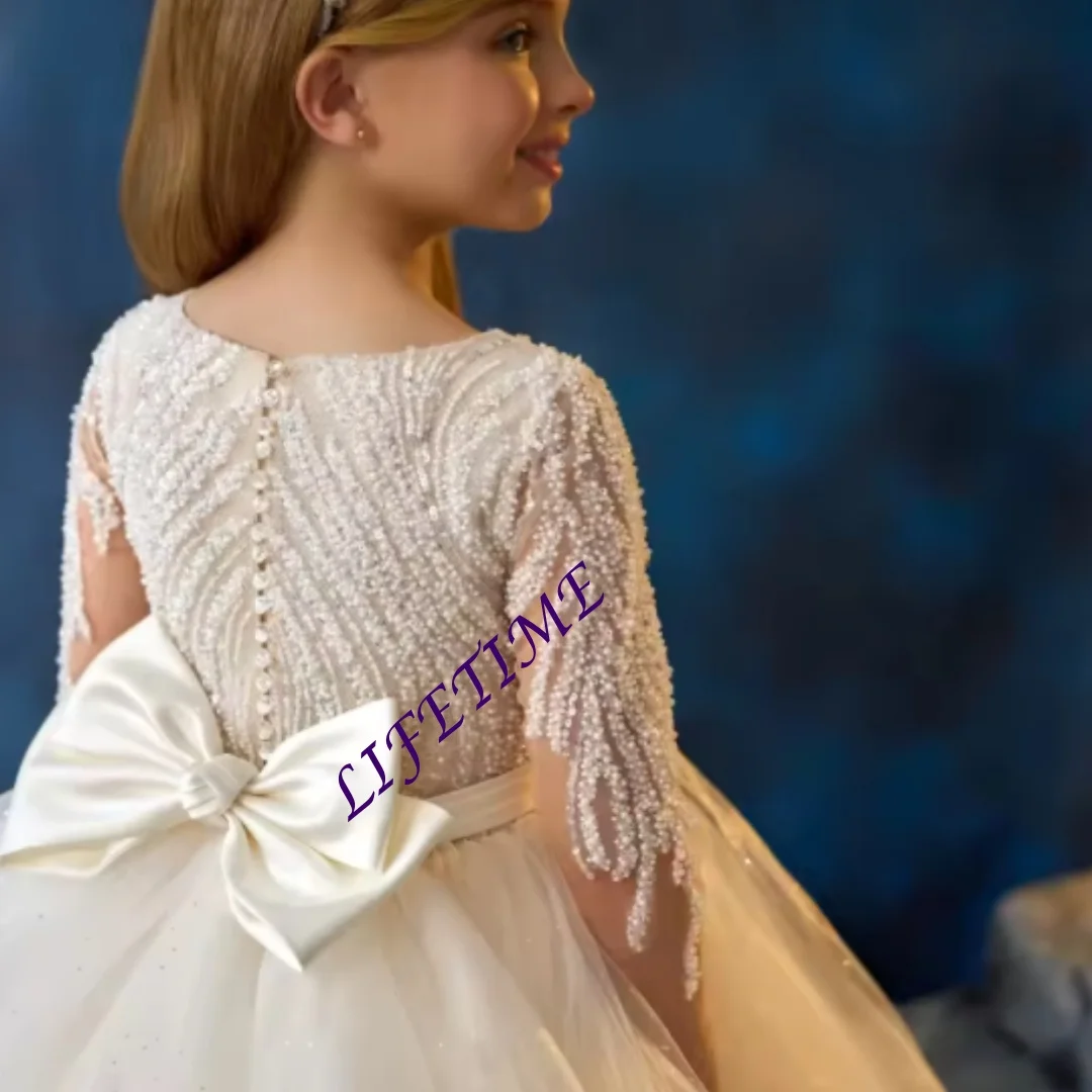 

CustomizedIvory Flower Girl Dresses For Wedding Beaded Bow Customized Long Sleeve Baby First Communion Dresses