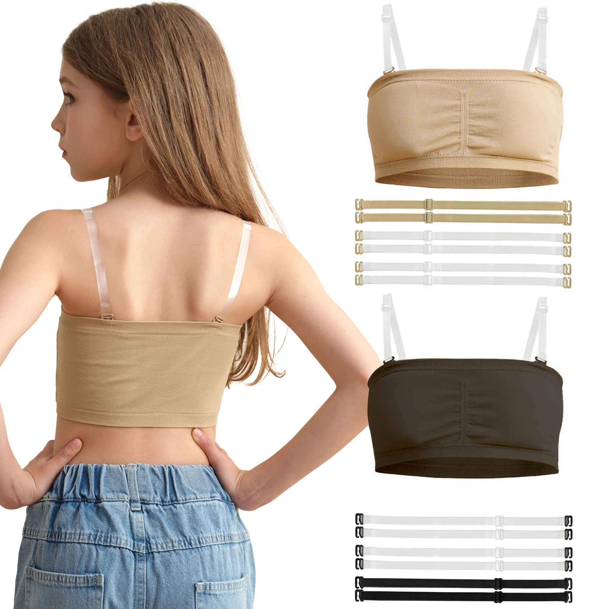 여아 발레 댄스 무봉제 밴도 브라 2쌍 조절 가능한 교체형 투명 스트랩 댄스 체조용 가슴 패드