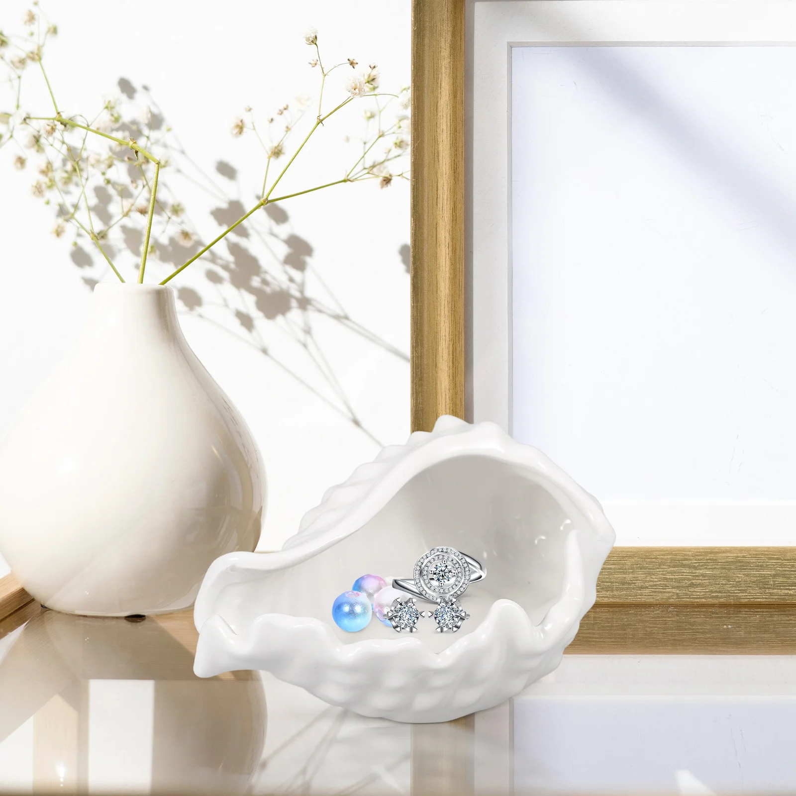 

Decorative Conch Jewelry Tray Ceramic Multi Functional Organizer for Rings Earrings Necklace Bracelet Bedroom Bathroom
