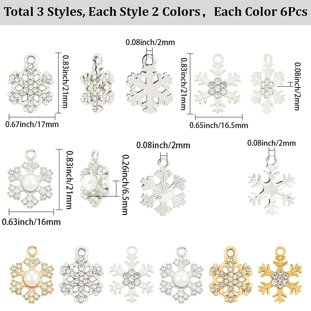 

36Pcs 3 Styles Alloy Rhinestone Pendants Snowflake Charms Mixed Color 21x16.5~17x2~6.5mm Hole: 2mm 6pcs/color