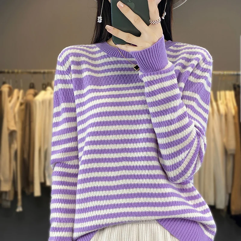 

100% Wool O-Neck Pullover Autumn/Winter Cashmere Sweater Women's Casual Knitting Stripe Top Women's Jacket Korean Fashion