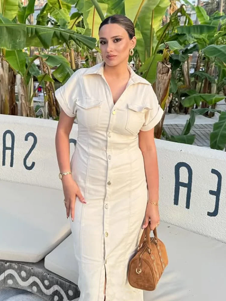 HXAO Denim damesjurk Button Off White Midi-jurken met korte mouwen Zomer Nieuwe denim lange jurken Kantoor elegante vrouwelijke kleding