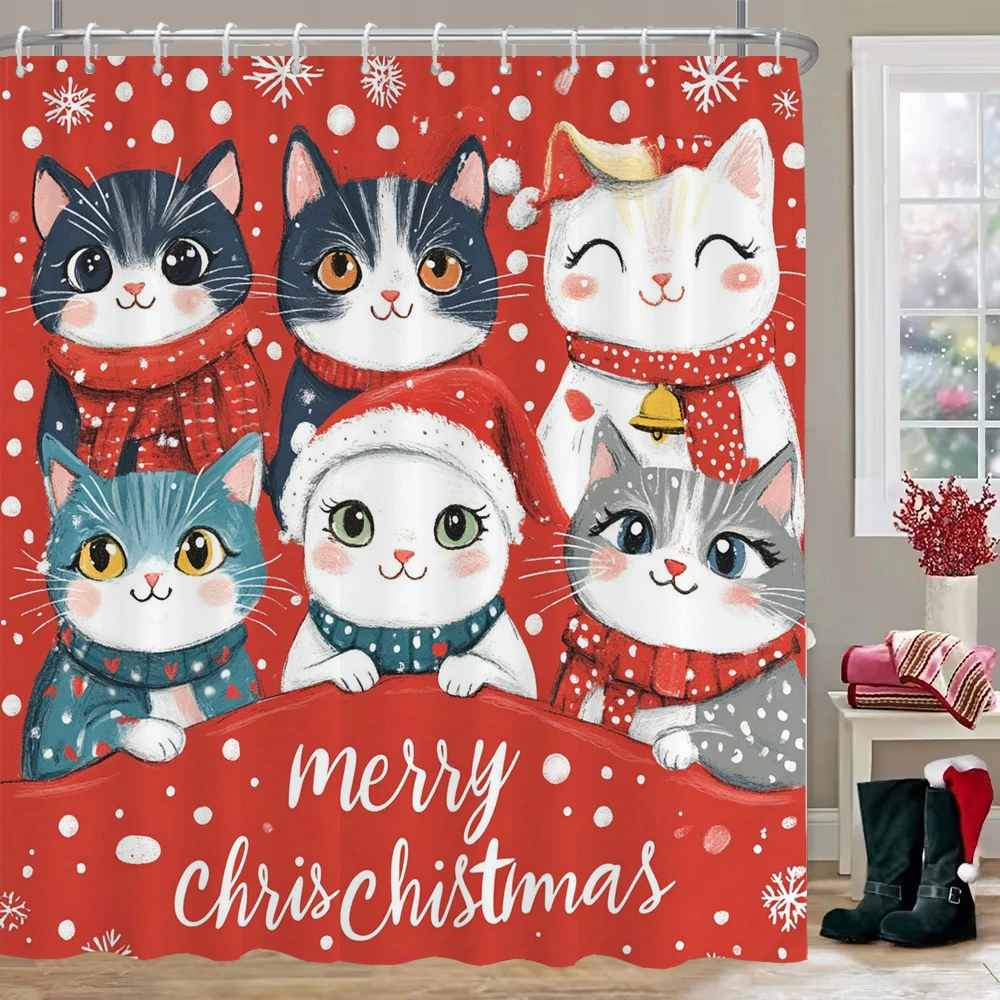 

Merry Christmas Shower Curtain, Bathroom Decor Cartoon cat Christmas Shower Curtain, Merry Christmas Shower Curtain with Hooks