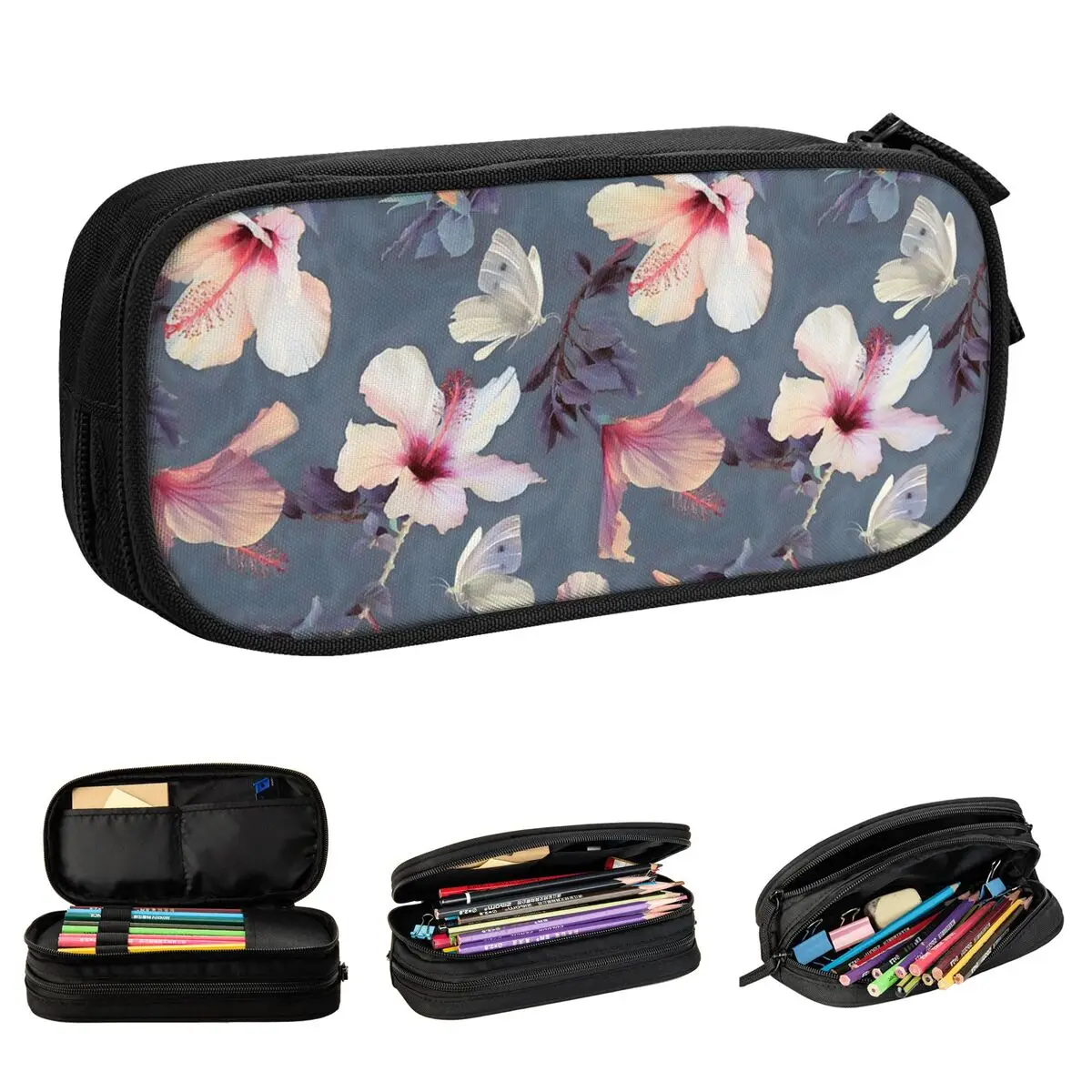 Butterfly And Hibiscus Pencil Cases Pen Box Bag Girls Boys Large Storage School Supplies Gifts Pencilcases