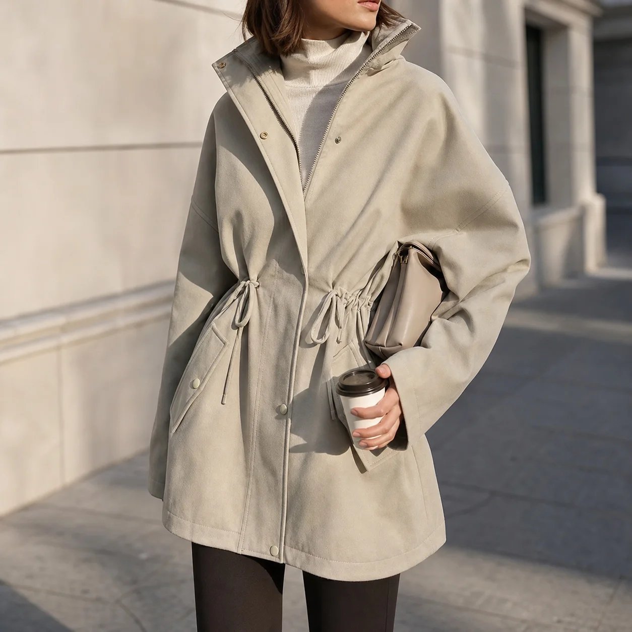 Women's Cropped Trench Coat Stand Collar Belted Waist Cotton Solid Color Long Sleeve Zipper Closure Mid-Length Casual Outerwear