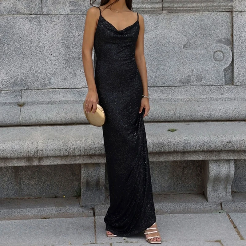 Vestido de Fiesta Ajustado sin Mangas con Escote Redondo, Estilo Veraniego, Nuevo 2026, Color Sólido, Informal, Elegante, con Hombros Descubiertos, Brillante y Largo