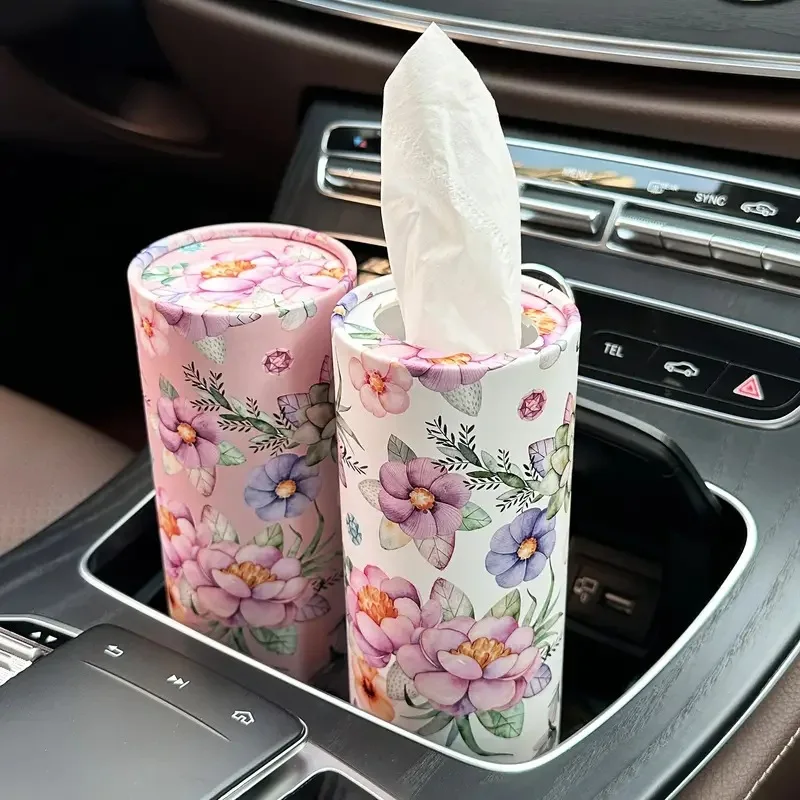 Floral Pattern Car Tissue Holder with Tissue - Travel Cylinder Tissue Box for Car Cup Holder, Suitable for Home Tables