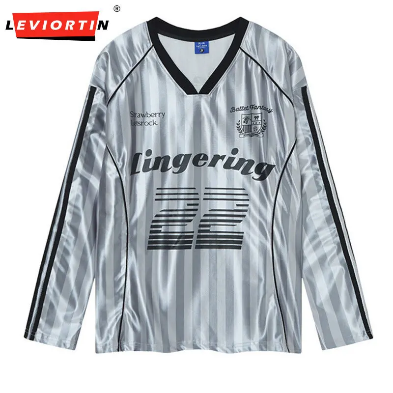 

Men's fashionable loose striped letter printed breathable quick drying American sports and leisure long sleeved V-neck T-shirt