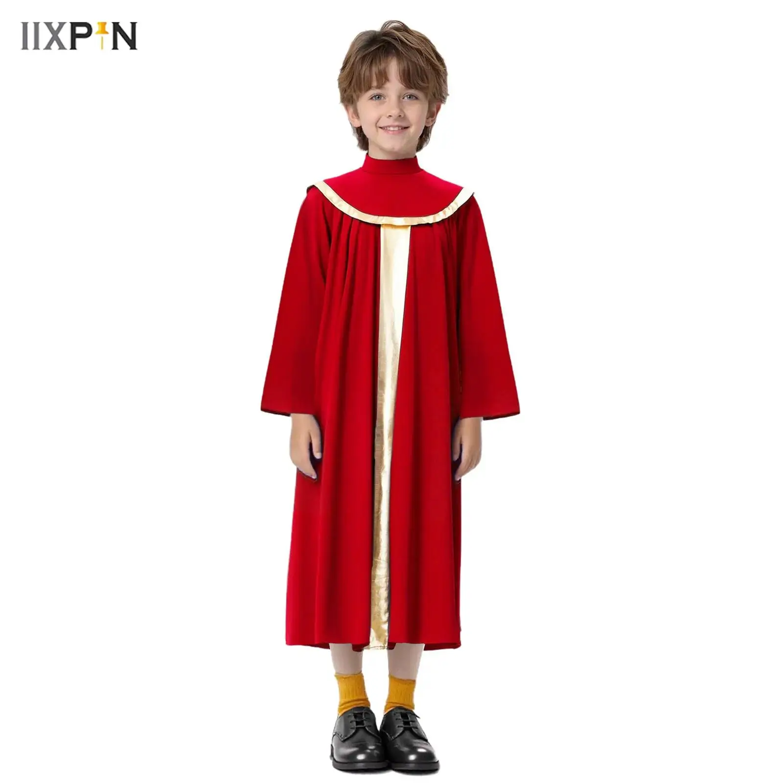 

Kids Boys Girls Choir Robe Worship Praise Dance Costume Mock Neck Long Sleeve Metallic Color Block Patchwork Pleated Dress Grown