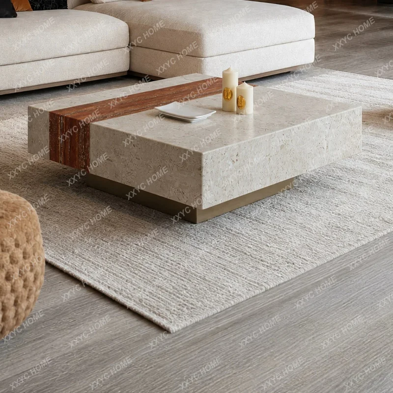 Travertine coffee table light luxury high-end villa living room modern simple natural luxury stone square
