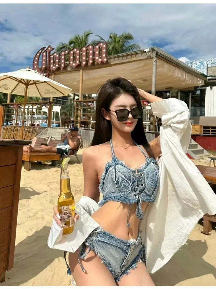 .Swimwear Bikini Set Denim Top Bra+Bottom+Beach Blouse For Women Bikini Swimsuit 3pcs/set Sexy Pantys Set Swimming Costume