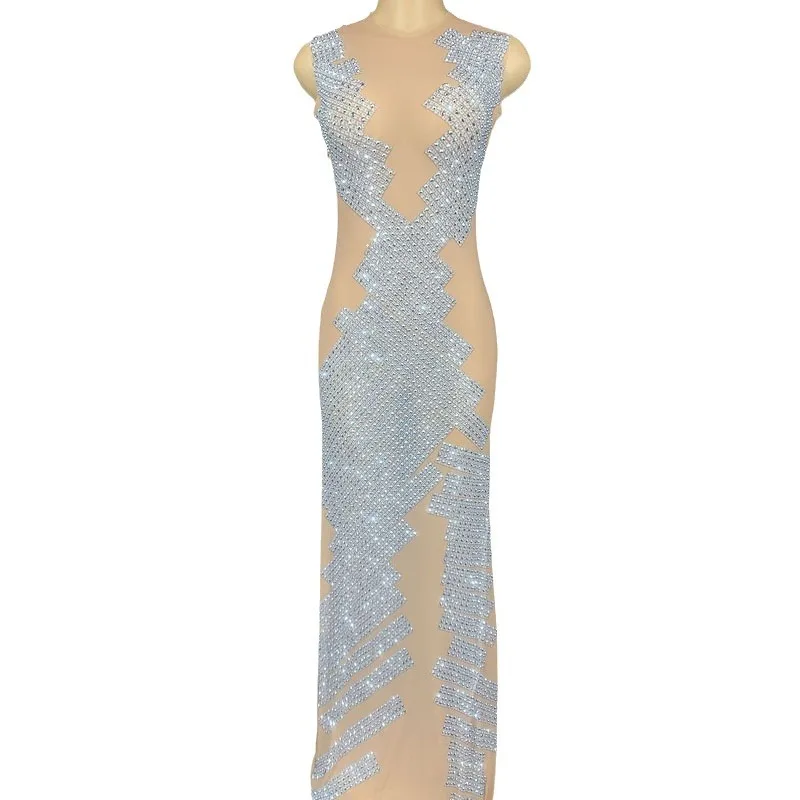 

Sexy Perspective Full Diamond Sleeveless Long Dress Multi-Colored For Nightclub Bar Female Singer Stage Performance Prom Dress